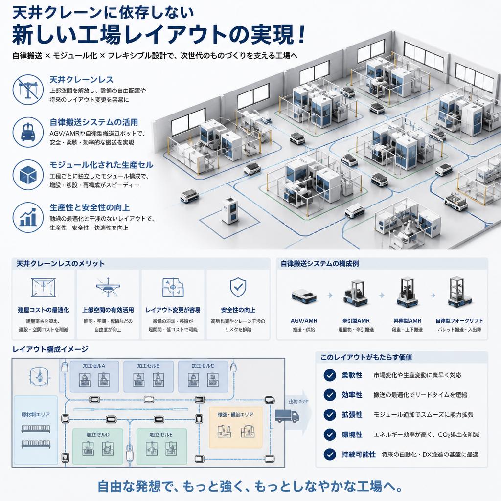 天井クレーンに依存しない新しい工場レイアウトの実現！