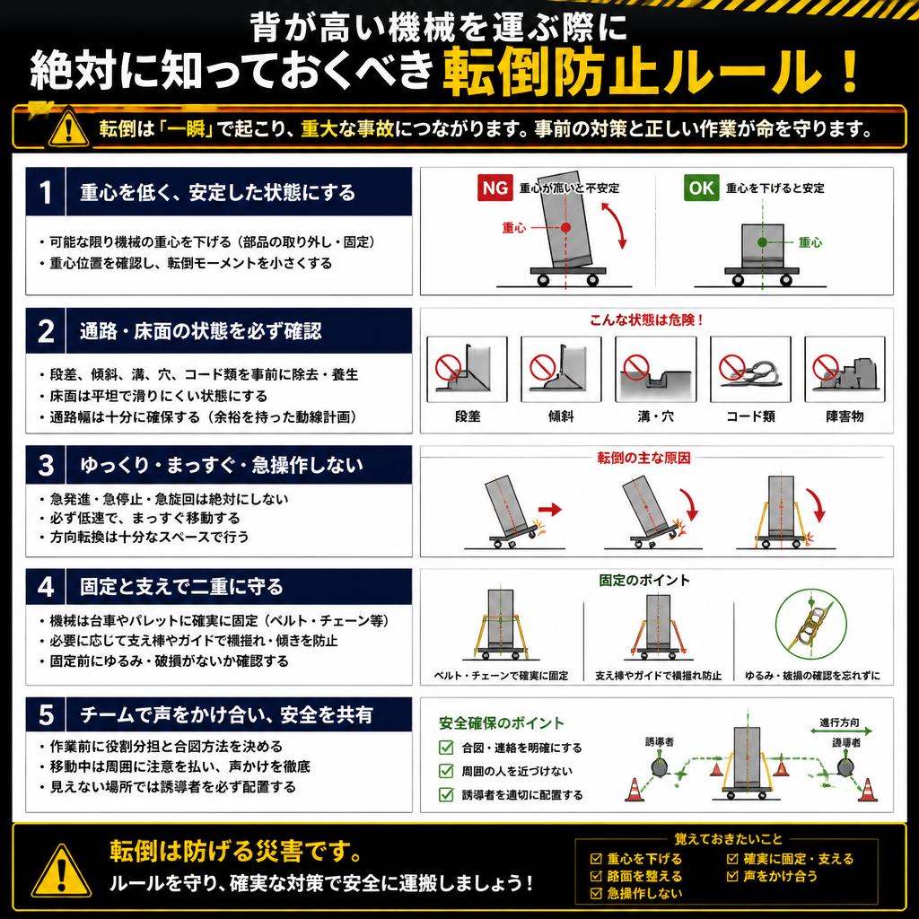 背が高い機械を運ぶ際に絶対に知っておくべき転倒防止ルール！