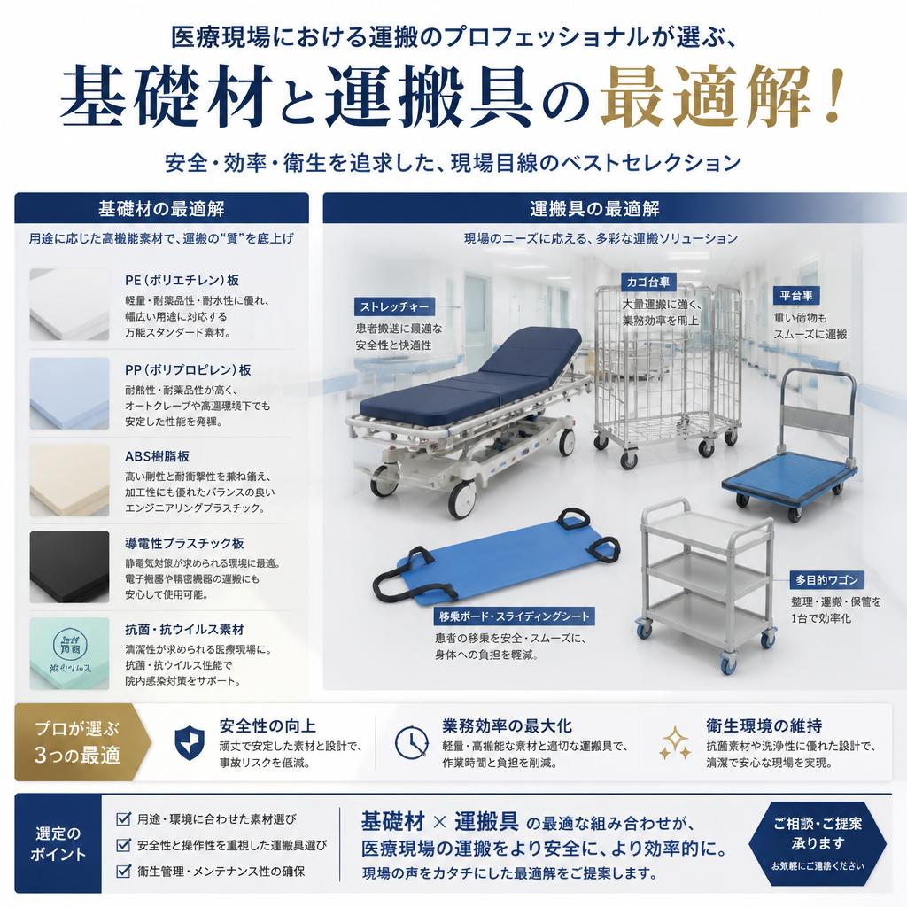 医療現場における運搬のプロフェッショナルが選ぶ、基礎材と運搬具の最適解！